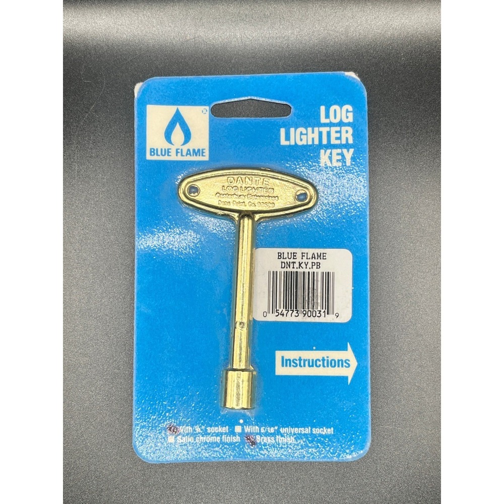 Blue‎ Flame Fireplace Key Gas Log Lighter Brass Finish New Old Stock In Pkg Vtg